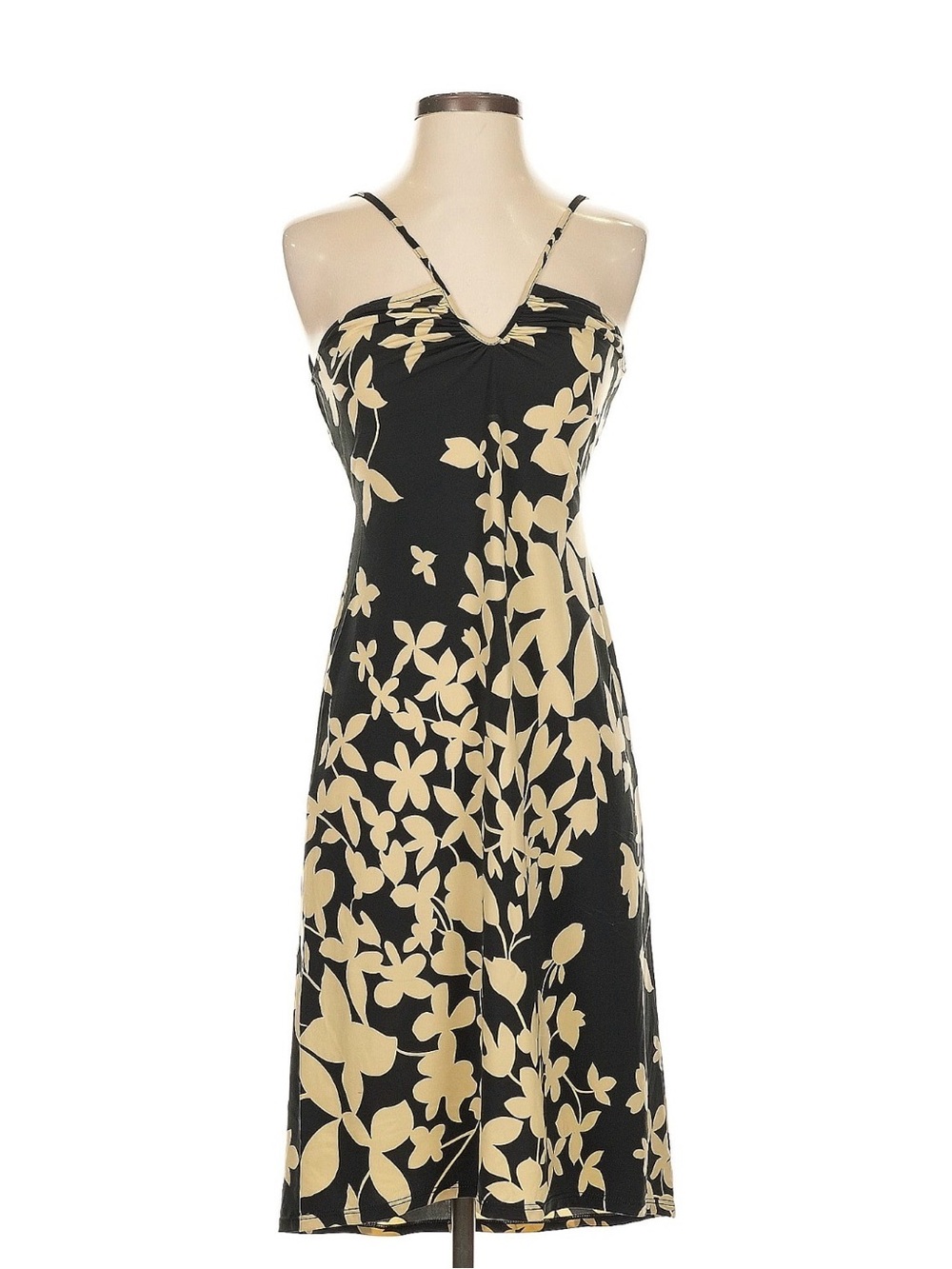 BCBGMaxAzria Black Dress with Cream Floral Print and Spaghetti Straps